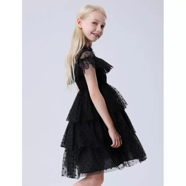 Mebius Girls Mesh Puff Sleeve Sweetheart Neck High Waist Flowy A Line Dress Party Special Occasion 612YBlack Dots