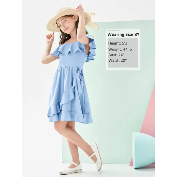 Mebius Girls Off Shoulder Dresses Flowy with Pockets Summer Ruffle Wrap Dress Casual Party Graduatoin Kids DressLight Blue