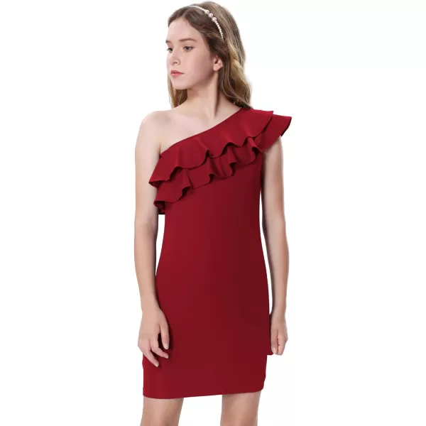 Mebius Girls One Shoulder Party Dress Bodycon Ruffle Trim Sleeve Pencil Summer Dresses for Special Occasions Birthday 814YWine Red