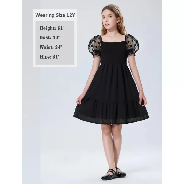 Mebius Girls Puff Sleeve Party Dress Polka Dots Mesh Square Neck Smocked Flowy A Line Ruffle Black Dresses for CasualBlack Dot Pattern As