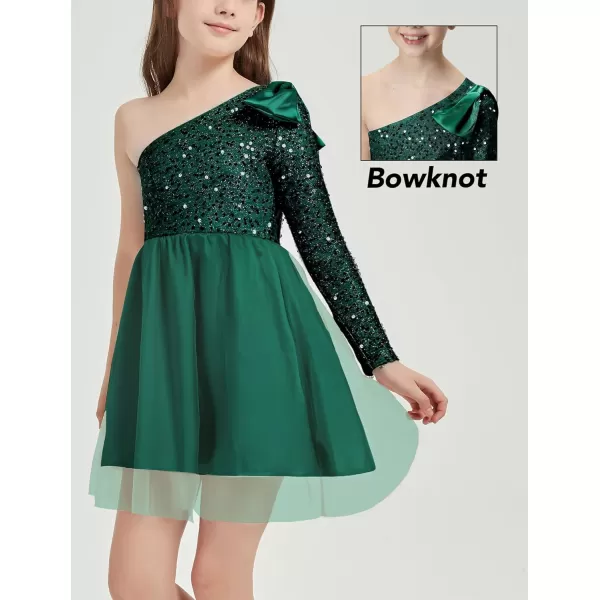 Mebius Girls Sequin Tutu Tulle Dress One Shoulder Party Sparkly Fancy Kids Special Occasion Sparkle Birthday BowGreen