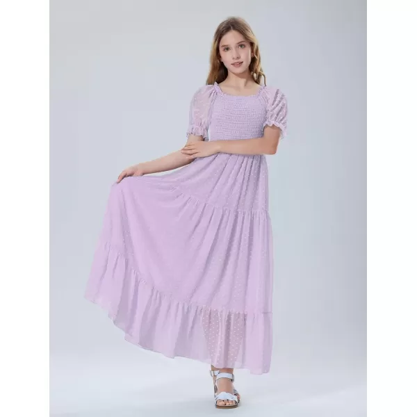 Mebius Girls Square Neck Short Sleeve Long Maxi Dress Smocked Summer Casual Aline Flowy Dress Swiss Dots for 612 YearsLavender