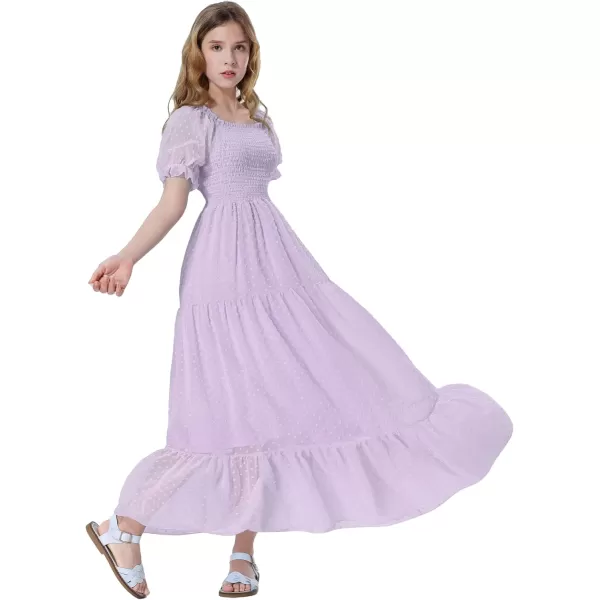 Mebius Girls Square Neck Short Sleeve Long Maxi Dress Smocked Summer Casual Aline Flowy Dress Swiss Dots for 612 YearsLavender