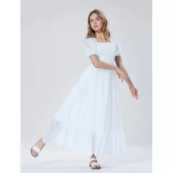 Mebius Girls Square Neck Short Sleeve Long Maxi Dress Smocked Summer Casual Aline Flowy Dress Swiss Dots for 612 YearsWhite