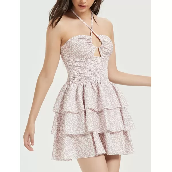 Mebius Womens Floral Mini Dress Summer Criss Cross Halter Backless Preppy Smocked Waist Short Ruffle Dress Picnic BeachFloral Dusty Pink