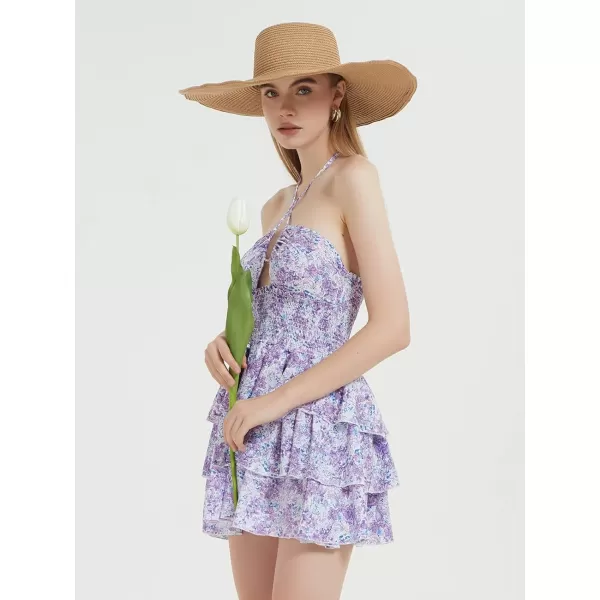 Mebius Womens Floral Mini Dress Summer Criss Cross Halter Backless Preppy Smocked Waist Short Ruffle Dress Picnic BeachPurple