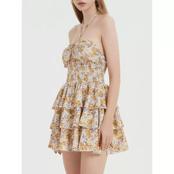 Mebius Womens Floral Mini Dress Summer Criss Cross Halter Backless Preppy Smocked Waist Short Ruffle Dress Picnic BeachYellow