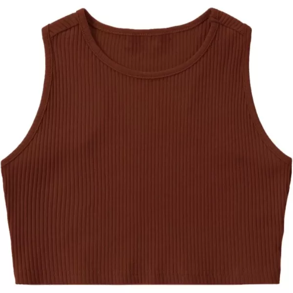 Mebius Girls Crop Top Ribbed Knit Kids Cropped Tank Tops Sleeveless Round Neck Racerback Casual Cute Dance Top 614YBrown