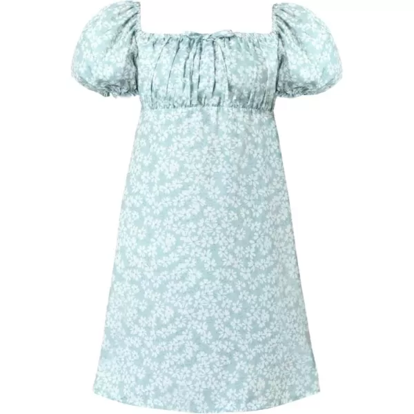 Mebius Girls Floral Print Dress Kids Puff Sleeve Square Neck Smocked Bow Front Short Sleeve Aline Dresses CasualGreen