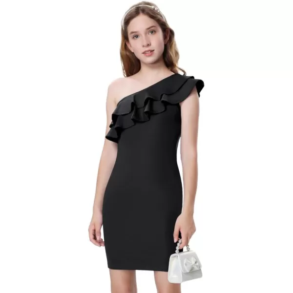 Mebius Girls One Shoulder Party Dress Bodycon Ruffle Trim Sleeve Pencil Summer Dresses for Special Occasions Birthday 814YBlack