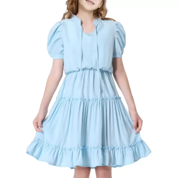 Mebius Girls Puff Short Sleeve Tie Front V Neck Elastic Waist Boho ALine Dress Tiered Dresses for Casual School Preppy 612YBlue
