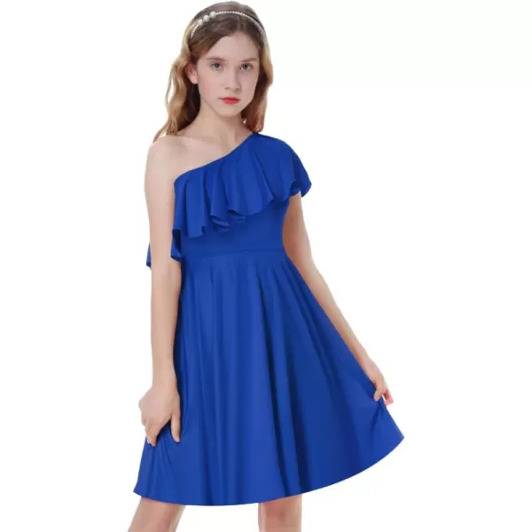 Mebius Girls Tween One Shoulder Ruffle Dresses with Pockets Aline Twirl Sleeveless Dress Party Special Occasion 814YBlue