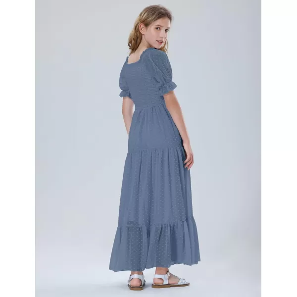 Mebius Girls Maxi Dress Long Smocked Dresses Swiss Dots Square Neck Short Sleeve Casual Aline Flowy Dress for 612 YearsGrey Blue