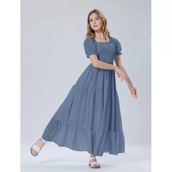 Mebius Girls Maxi Dress Long Smocked Dresses Swiss Dots Square Neck Short Sleeve Casual Aline Flowy Dress for 612 YearsGrey Blue