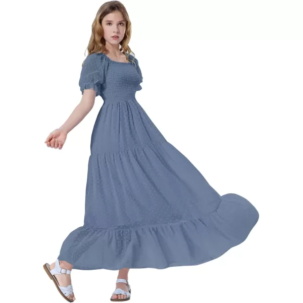 Mebius Girls Maxi Dress Long Smocked Dresses Swiss Dots Square Neck Short Sleeve Casual Aline Flowy Dress for 612 YearsGrey Blue