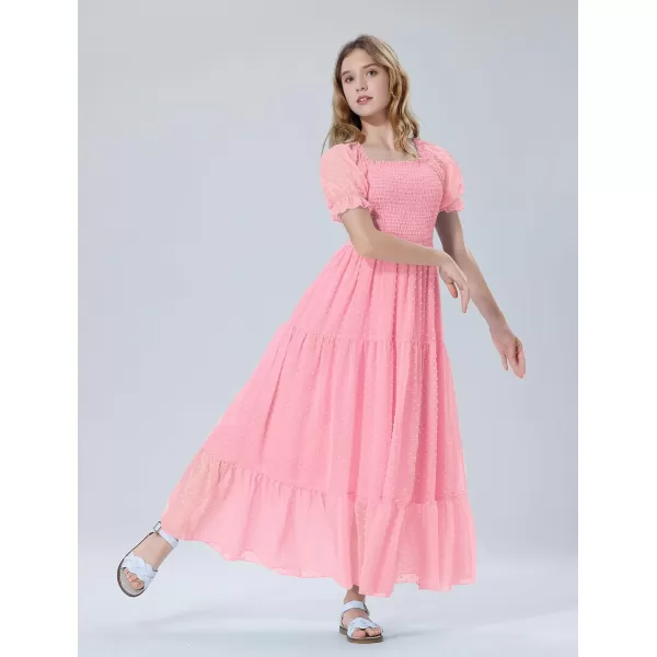 Mebius Girls Maxi Dress Long Smocked Dresses Swiss Dots Square Neck Short Sleeve Casual Aline Flowy Dress for 612 YearsLight Pink