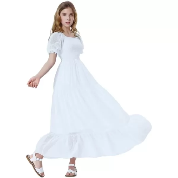 Mebius Girls Maxi Dress Long Smocked Dresses Swiss Dots Square Neck Short Sleeve Casual Aline Flowy Dress for 612 YearsWhite