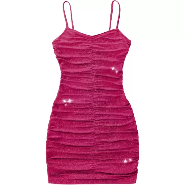 imageMebius Girls Spaghetti Strap Bodycon Ruched Dress V Neck Party Summer Sleeveless Short Tight Pencil DressesHot Pink
