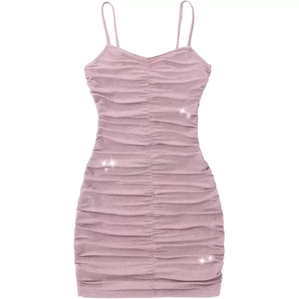 imageMebius Girls Spaghetti Strap Bodycon Ruched Dress V Neck Party Summer Sleeveless Short Tight Pencil DressesPink