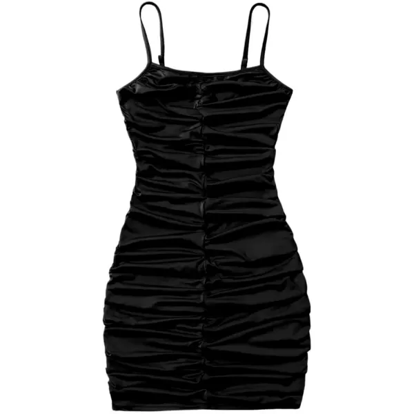 imageMebius Girls Spaghetti Strap Bodycon Ruched Dress V Neck Party Summer Sleeveless Short Tight Pencil DressesPlain Black
