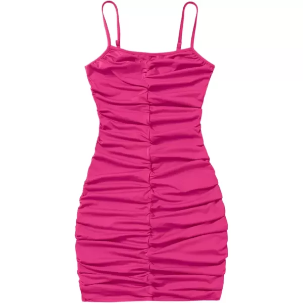imageMebius Girls Spaghetti Strap Bodycon Ruched Dress V Neck Party Summer Sleeveless Short Tight Pencil DressesPlain Hot Pink