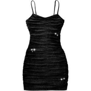 imageMebius Girls Spaghetti Strap Bodycon Ruched Dress V Neck Party Summer Sleeveless Short Tight Pencil DressesBlack