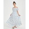 imageMebius Girls Maxi Dress Long Smocked Dresses Swiss Dots Square Neck Short Sleeve Casual Aline Flowy for 612 YearsFloral Blue