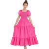 imageMebius Girls Maxi Dress Long Smocked Dresses Swiss Dots Square Neck Short Sleeve Casual Aline Flowy for 612 YearsHot Pink