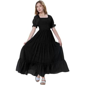 imageMebius Girls Maxi Dress Long Smocked Dresses Swiss Dots Square Neck Short Sleeve Casual Aline Flowy for 612 YearsBlack