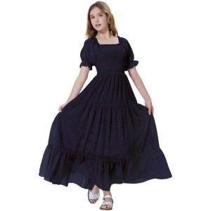 imageMebius Girls Maxi Dress Long Smocked Dresses Swiss Dots Square Neck Short Sleeve Casual Aline Flowy for 612 YearsDark Blue