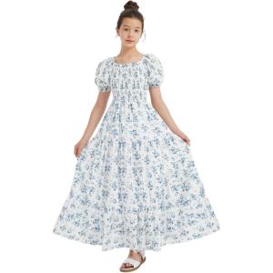 imageMebius Girls Maxi Dress Long Smocked Dresses Swiss Dots Square Neck Short Sleeve Casual Aline Flowy for 612 YearsFloral Blue