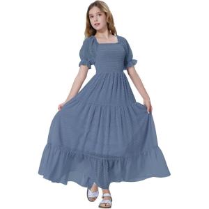 imageMebius Girls Maxi Dress Long Smocked Dresses Swiss Dots Square Neck Short Sleeve Casual Aline Flowy for 612 YearsGrey Blue