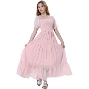 imageMebius Girls Maxi Dress Long Smocked Dresses Swiss Dots Square Neck Short Sleeve Casual Aline Flowy for 612 YearsPink