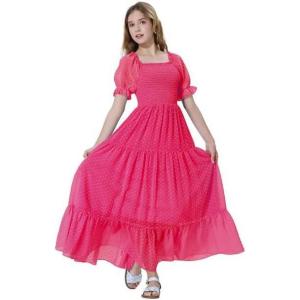 imageMebius Girls Maxi Dress Long Smocked Dresses Swiss Dots Square Neck Short Sleeve Casual Aline Flowy for 612 YearsRose Red