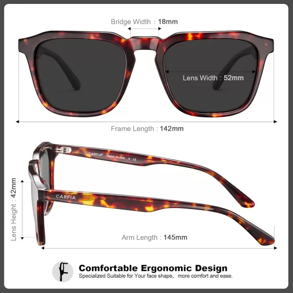 CARFIA Acetate Polarized Mens Sunglasses UV Protection Retro Fashion Cool Glasses for Driving Golf Fishing CA53521 Tortoise Frame Grey Lens