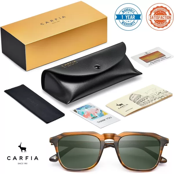 CARFIA Acetate Polarized Mens Sunglasses UV Protection Retro Fashion Cool Glasses for Driving Golf Fishing CA53522 Striped Havana Frame Green Lens