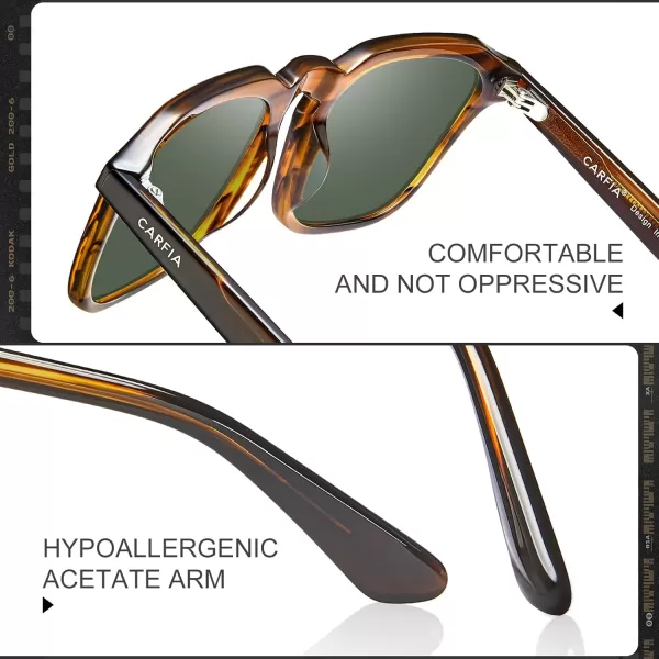 CARFIA Acetate Polarized Mens Sunglasses UV Protection Retro Fashion Cool Glasses for Driving Golf Fishing CA53522 Striped Havana Frame Green Lens