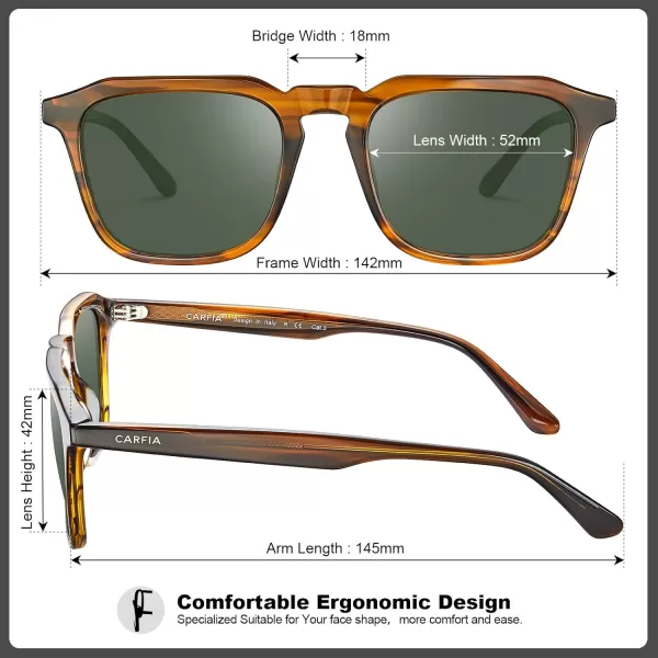 CARFIA Acetate Polarized Mens Sunglasses UV Protection Retro Fashion Cool Glasses for Driving Golf Fishing CA53522 Striped Havana Frame Green Lens