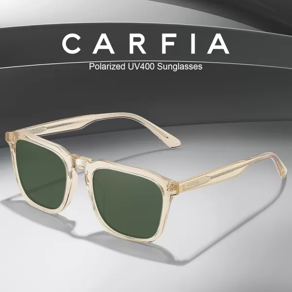 CARFIA Acetate Polarized Mens Sunglasses UV Protection Retro Fashion Cool Glasses for Driving Golf Fishing CA53523 Light Brown Frame Green Lens