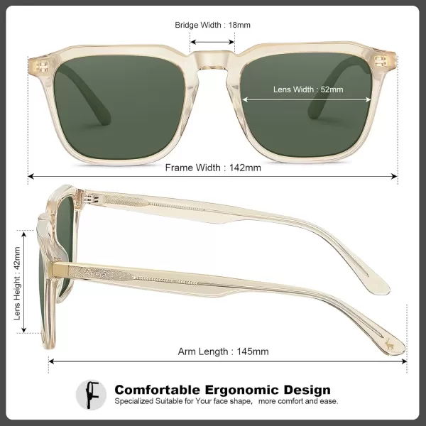 CARFIA Acetate Polarized Mens Sunglasses UV Protection Retro Fashion Cool Glasses for Driving Golf Fishing CA53523 Light Brown Frame Green Lens