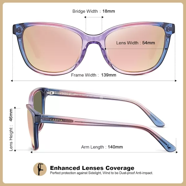 CARFIA Cat Eye Acetate Womens Polarized Sunglasses Small Face Trendy Shades UV Protection Hypoallergenic Handcrafted CA52872 Bluepinkpurple Frame Pink Mirrored Lens