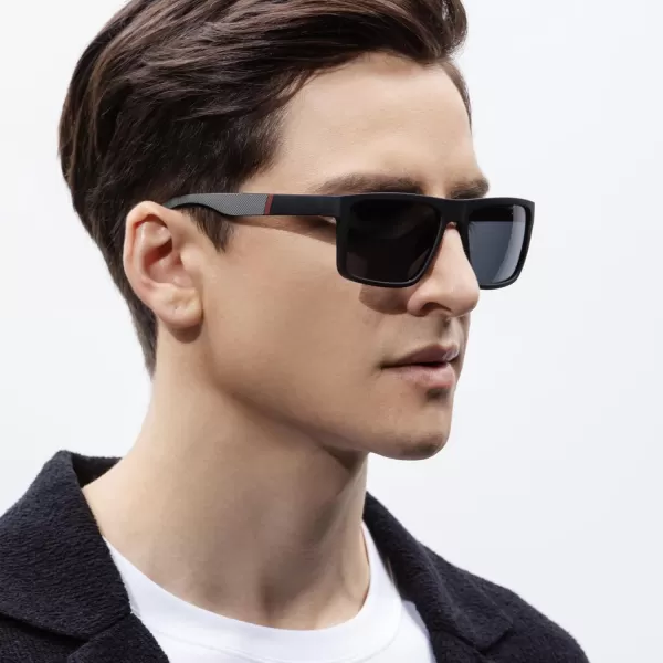 CARFIA Grid Temple Polarized Sunglasses for Men UV Protection Sturdy TR90 Frame Cool Square Sun GlassesMatte Black Frame Grey Lens