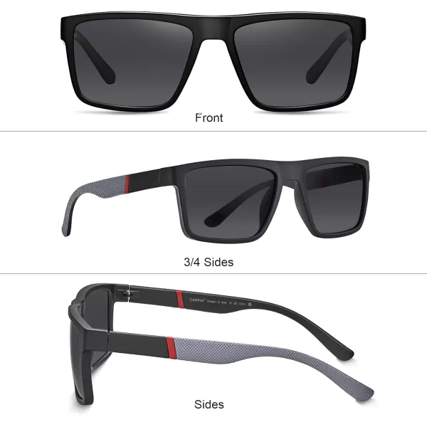 CARFIA Grid Temple Polarized Sunglasses for Men UV Protection Sturdy TR90 Frame Cool Square Sun GlassesMatte Black Frame Grey Lens