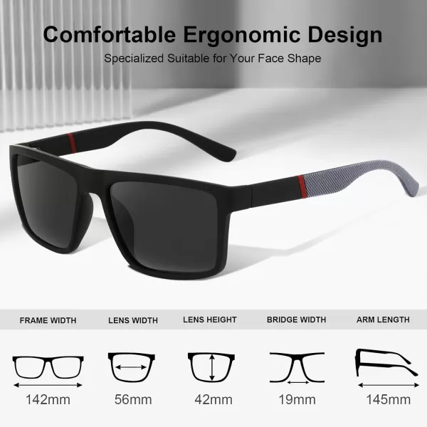 CARFIA Grid Temple Polarized Sunglasses for Men UV Protection Sturdy TR90 Frame Cool Square Sun GlassesMatte Black Frame Grey Lens