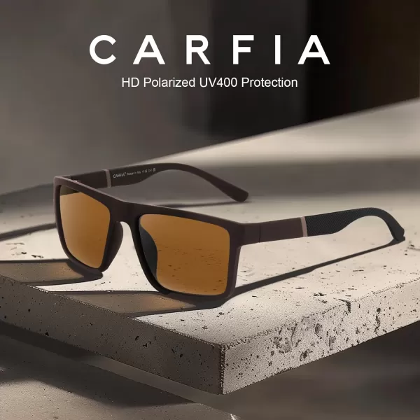 CARFIA Grid Temple Polarized Sunglasses for Men UV Protection Sturdy TR90 Frame Cool Square Sun GlassesMatte Brown Frame Brown Lens