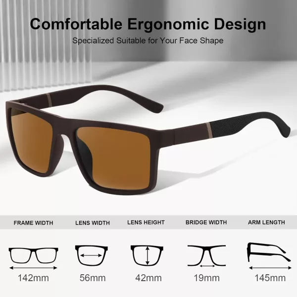 CARFIA Grid Temple Polarized Sunglasses for Men UV Protection Sturdy TR90 Frame Cool Square Sun GlassesMatte Brown Frame Brown Lens
