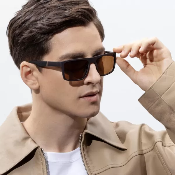 CARFIA Grid Temple Polarized Sunglasses for Men UV Protection Sturdy TR90 Frame Cool Square Sun GlassesMatte Brown Frame Brown Lens