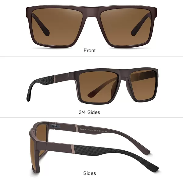 CARFIA Grid Temple Polarized Sunglasses for Men UV Protection Sturdy TR90 Frame Cool Square Sun GlassesMatte Brown Frame Brown Lens
