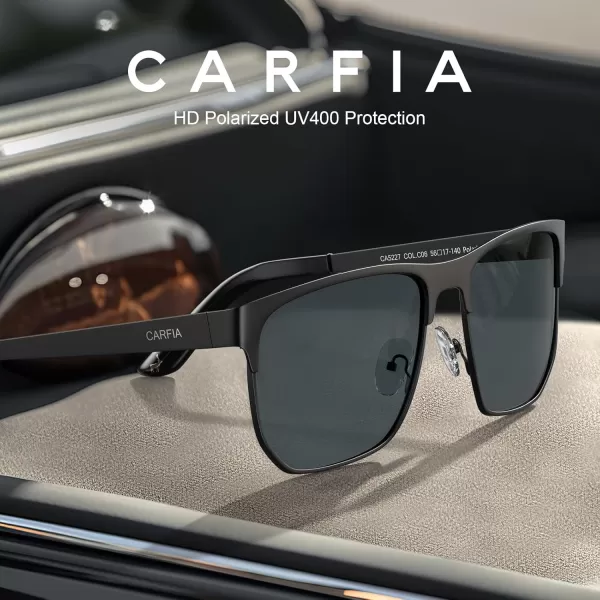 CARFIA Metal Trendy Square Polarized Sunglasses for Men UV400 Protection Driving Golfing Outdoor Eyewear CA5227Black Frame Black  Grey Lens