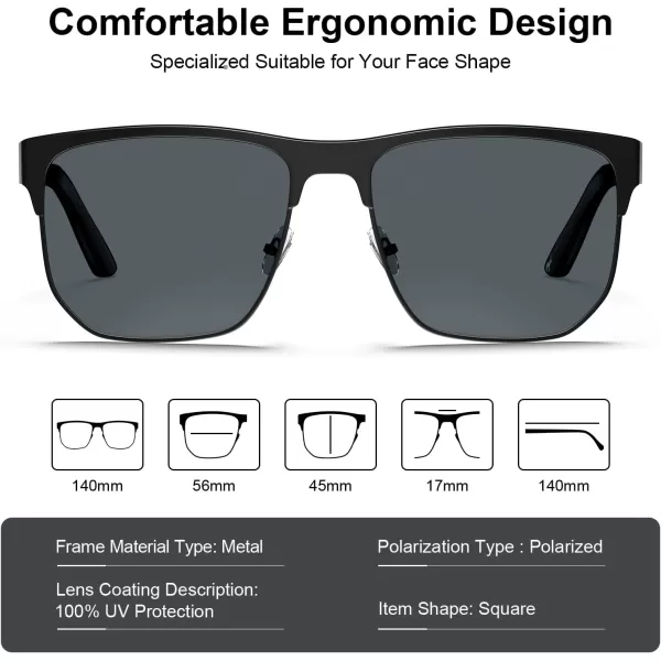 CARFIA Metal Trendy Square Polarized Sunglasses for Men UV400 Protection Driving Golfing Outdoor Eyewear CA5227Black Frame Black  Grey Lens